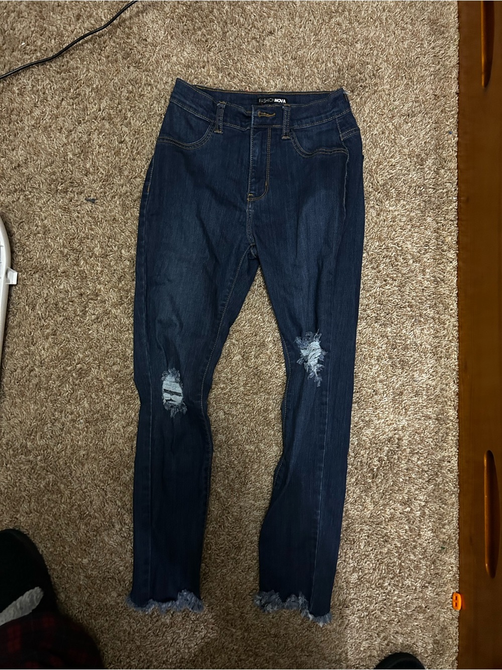 Fashion Nova Dark Blue Distressed Skinny Jeans